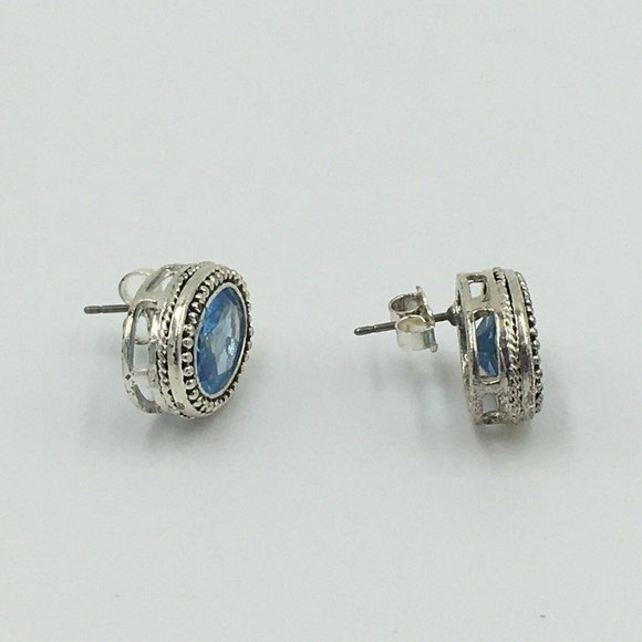 AVON Silver Plated (SP) Faceted Aqua Blue Rhinestone Pierced Stud Earrings, 2003 - Picture 5 of 7